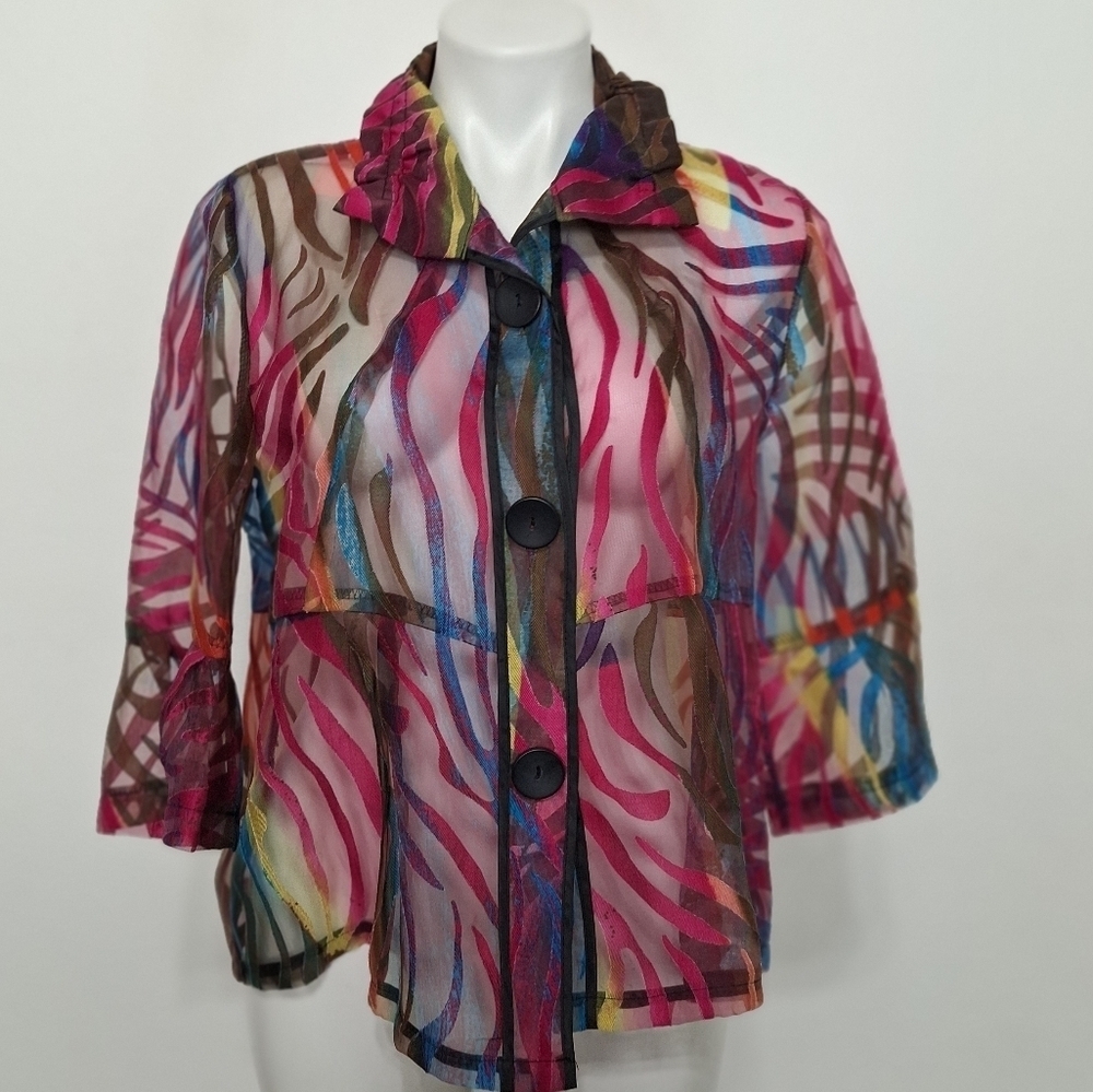 Damee INC Multicolor Bohemian Retro 3/4 Sleeve Rainbow Swirl Sheer Blouse Size S